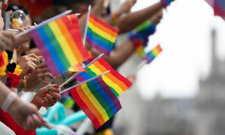 游行中LGBTQ骄傲旗帜的特写